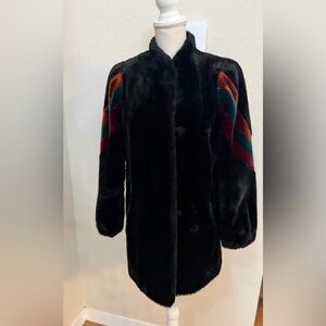 Vintage 80s jacket black faux fur puffy sleeves rainbow lined Sm Carol Horn